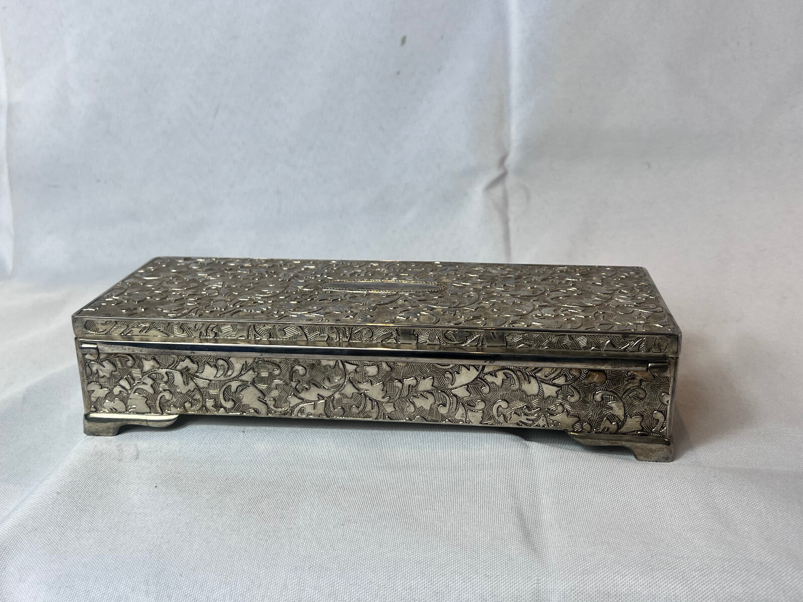 Vtg Silver Tone Jewelry Box Mirrored Dresser Vanity Table Top Lined Case