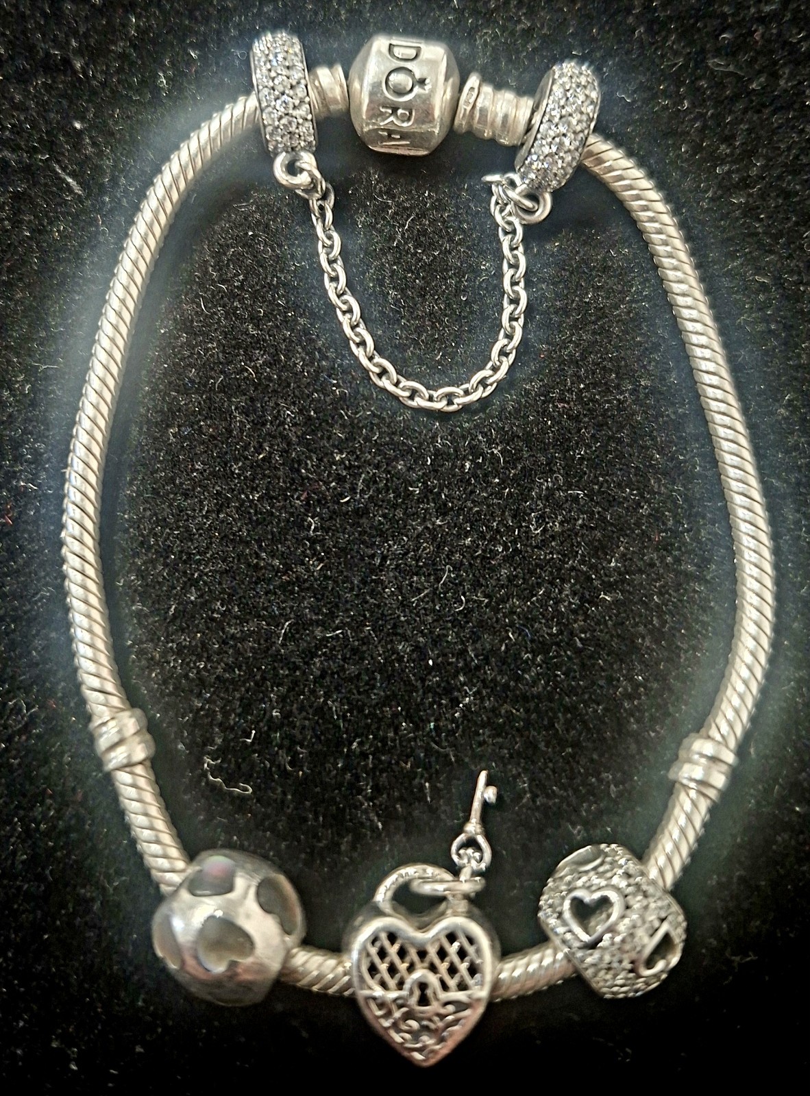 .925 Silver Pandora Charm Bracelet With Safety Chain And 3 Charms 27.31g