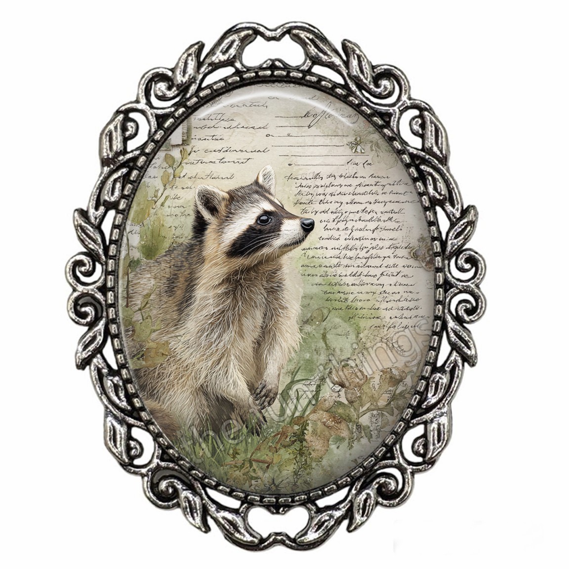 Junk Journal Page Botanical Allure Raccoon Brooch Pin Handcrafted Jewelry