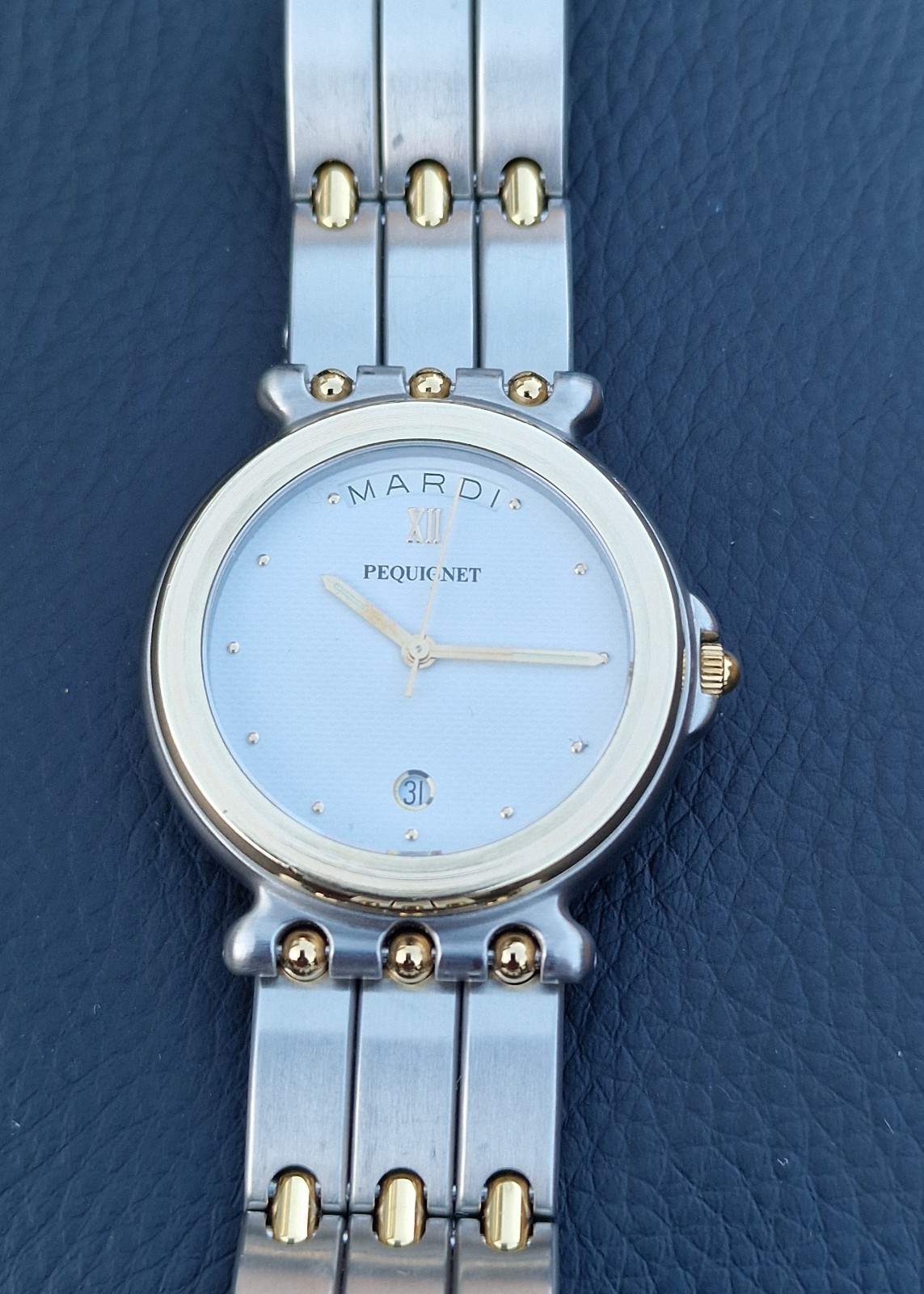 Gents EMILE PEQUIGNET Morea Date & Day Quartz watch, Box and papers, 33mm.
