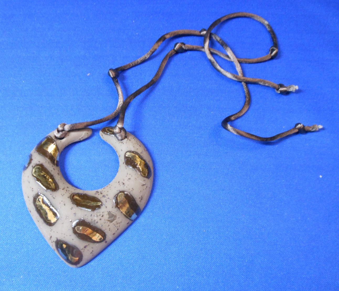 Vintage Brown & Tan Ceramic & Leather Pendant Necklace – Unique Artisan