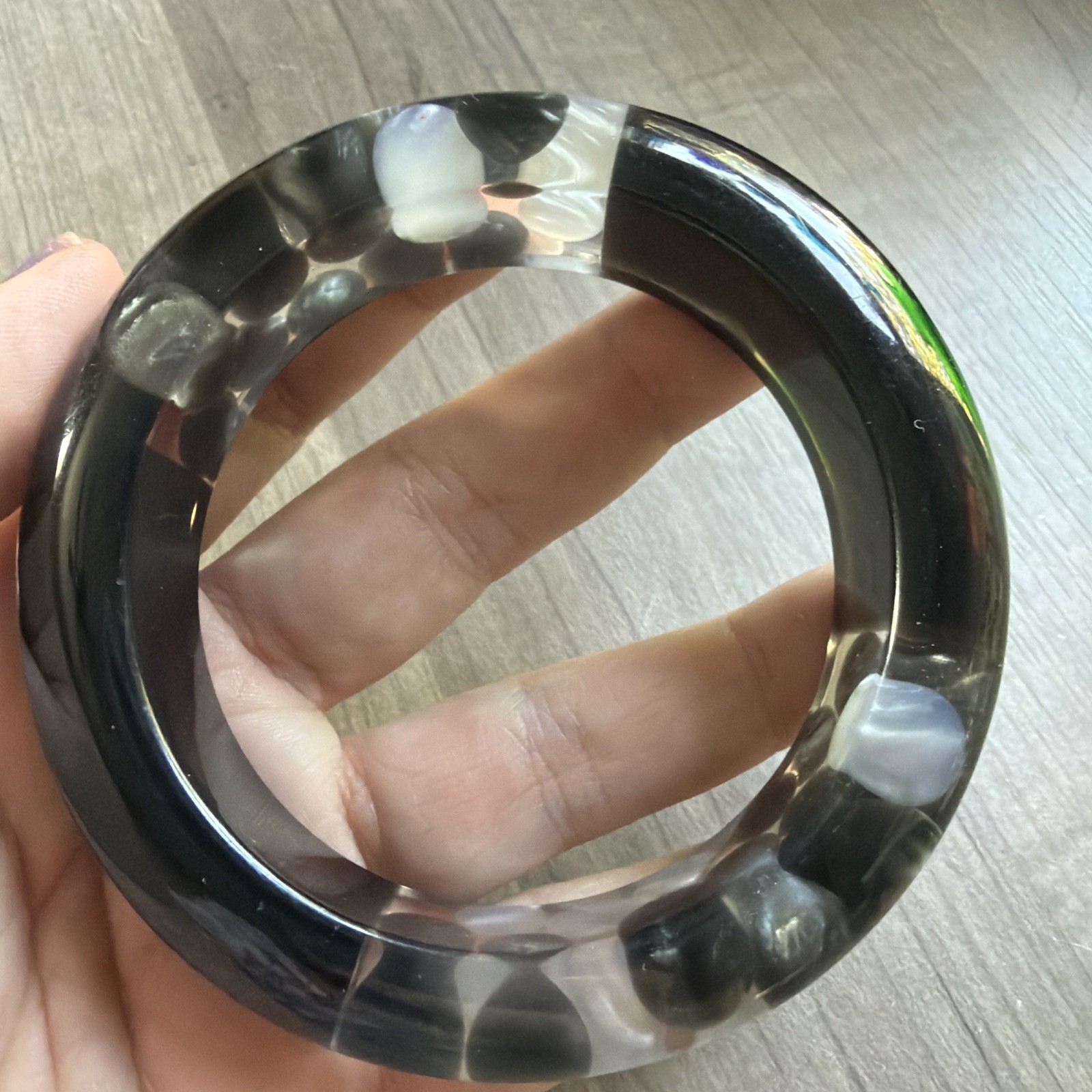 Lucite Black Clear Chunky Bangle Injected White Gray Polka Dot Boba Bubble