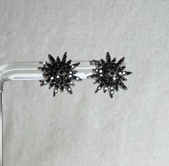 Black Spinel Rhodium / Sterling Silver Stud Sunburst Earrings 0.59ctw NEW