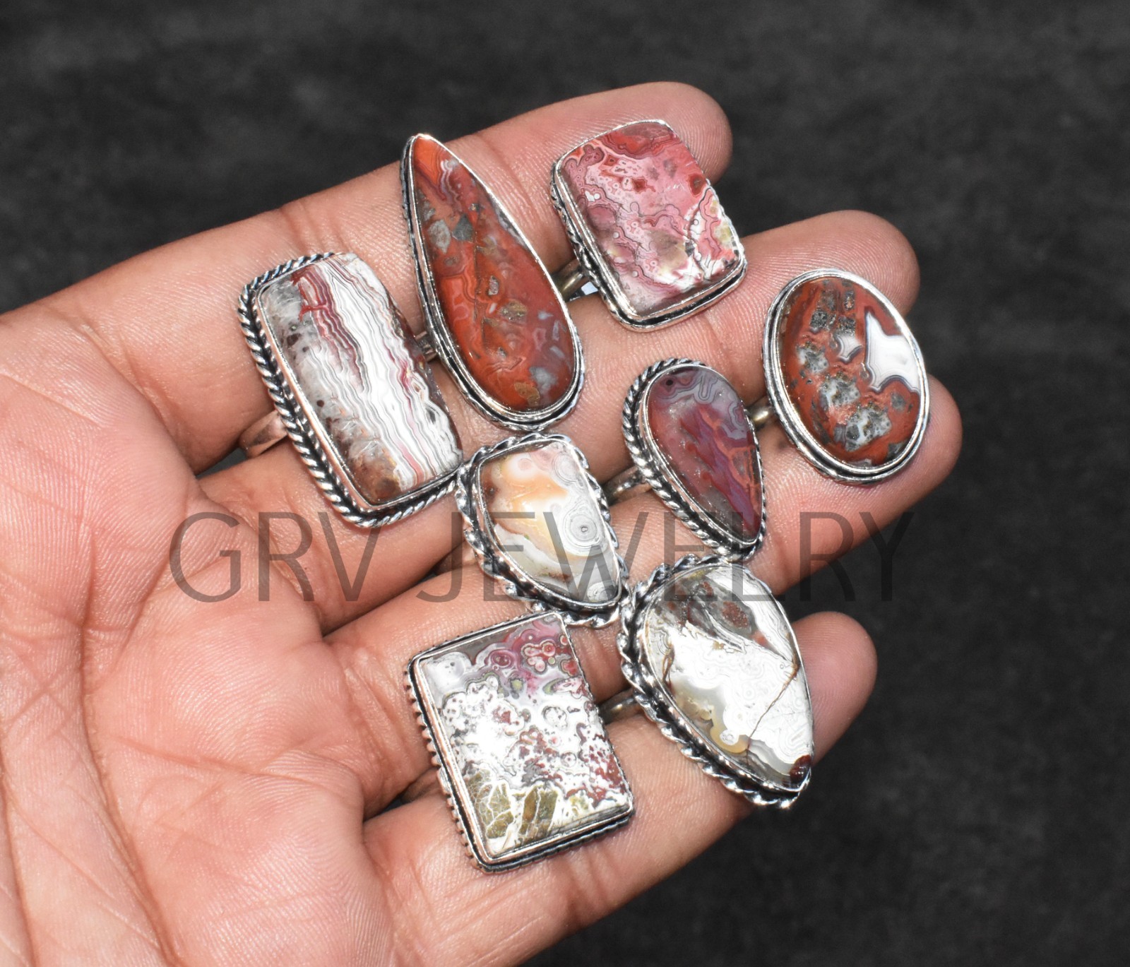 1-500 Pcs Crazy Lace Agate In Wholesale Rings Lot Bulk: Silver Plated Whr-79