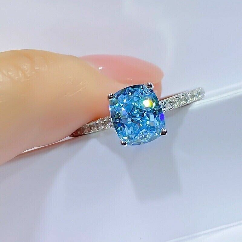 2Ct Cushion Cut Lab Created Blue Topaz Women Wedding Ring 14K White Gold Plated