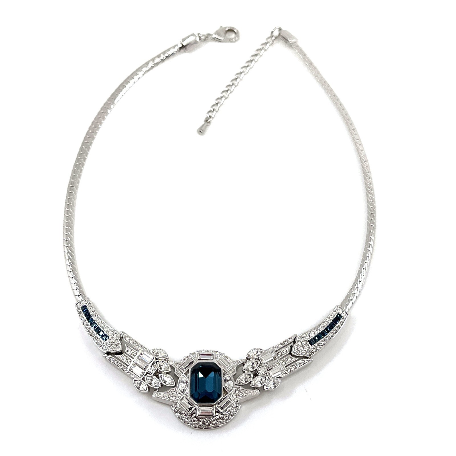 Art Deco Sapphire Blue And Clear Czech Crystal Choker Rhodium Plated Metal Alloy
