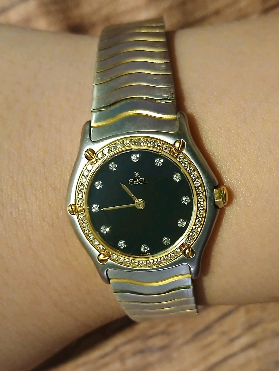 EBEL 181930x Ladies Classic Wave Watch 18K Gold Bezel Diamond Stainless 28mm