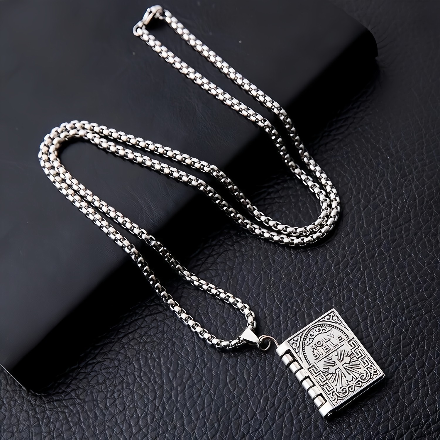 Silver Tone Hinged Bible Book Cross Pendant Necklace Religious Jewelry Unisex US