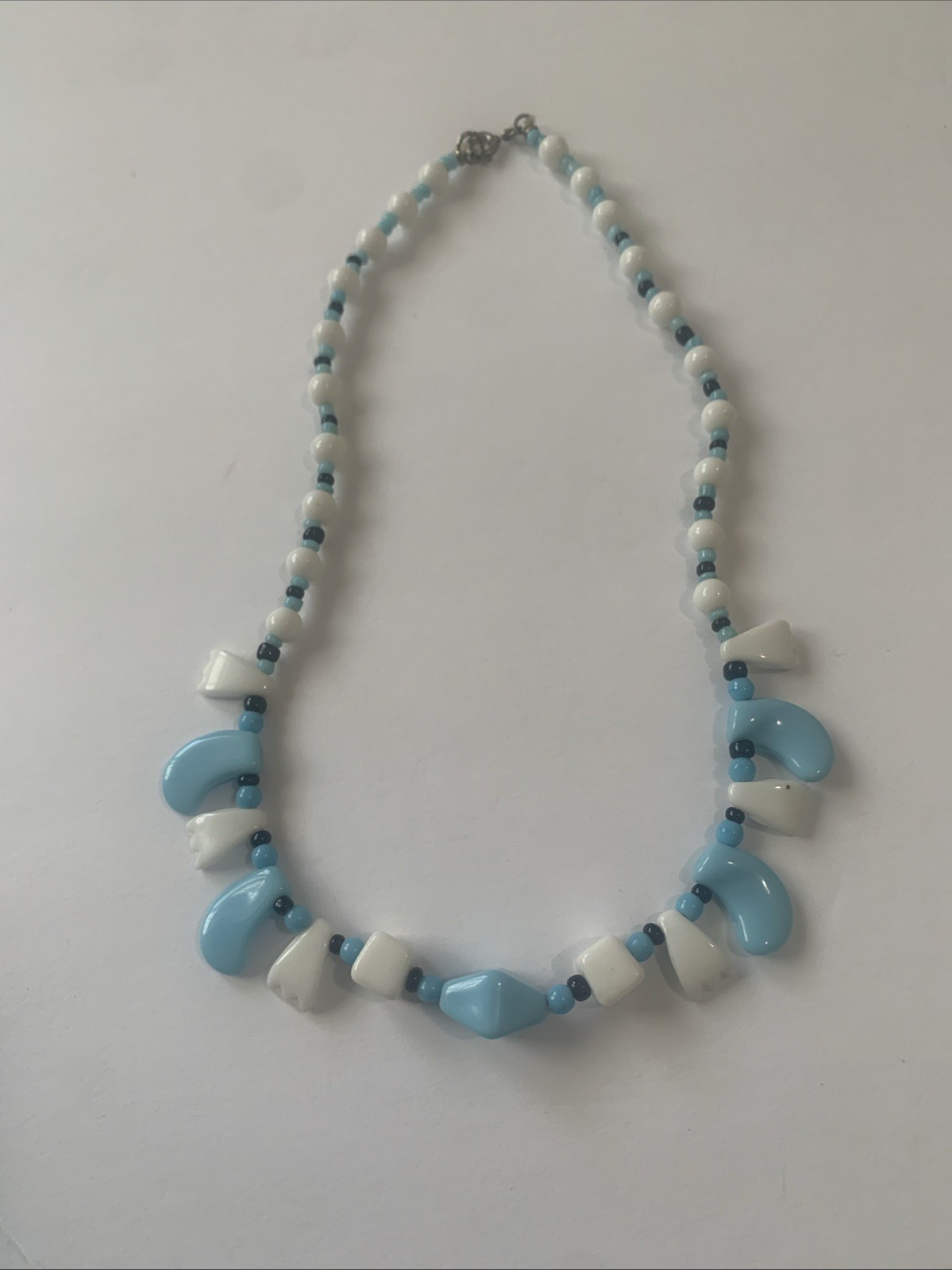 Vintage Style Blue and White Beaded Necklace with Unique Clasp.