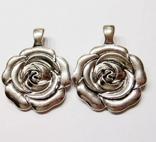 3 Vintage Antique Silver Plated Huge Rose Pendants w/Enhancer Clasp Bail 58x45mm