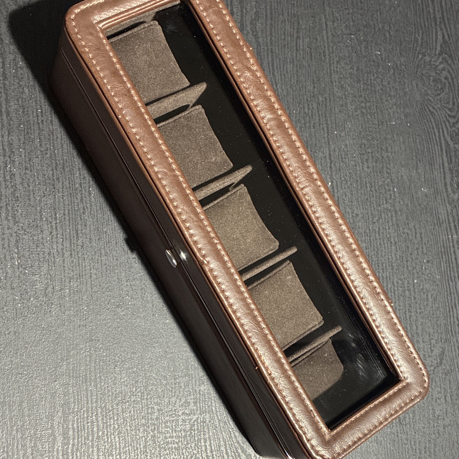 Berkshire Brown Faux Leather Watch Storage Box Case w/ Glass Lid, 5 Slot