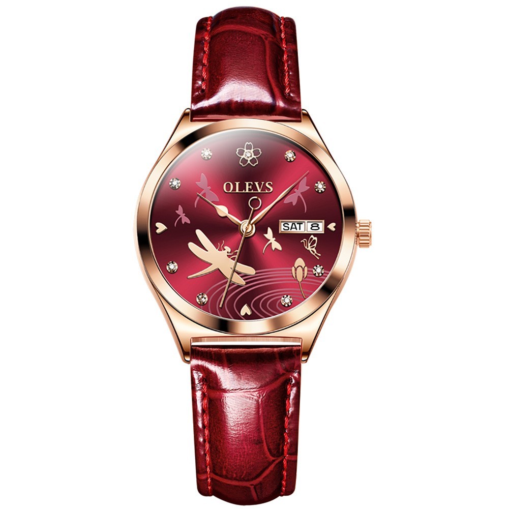 OLEVS 6611 Leather Dragonfly Style Automatic Female Dress Mechanical Wristwatch