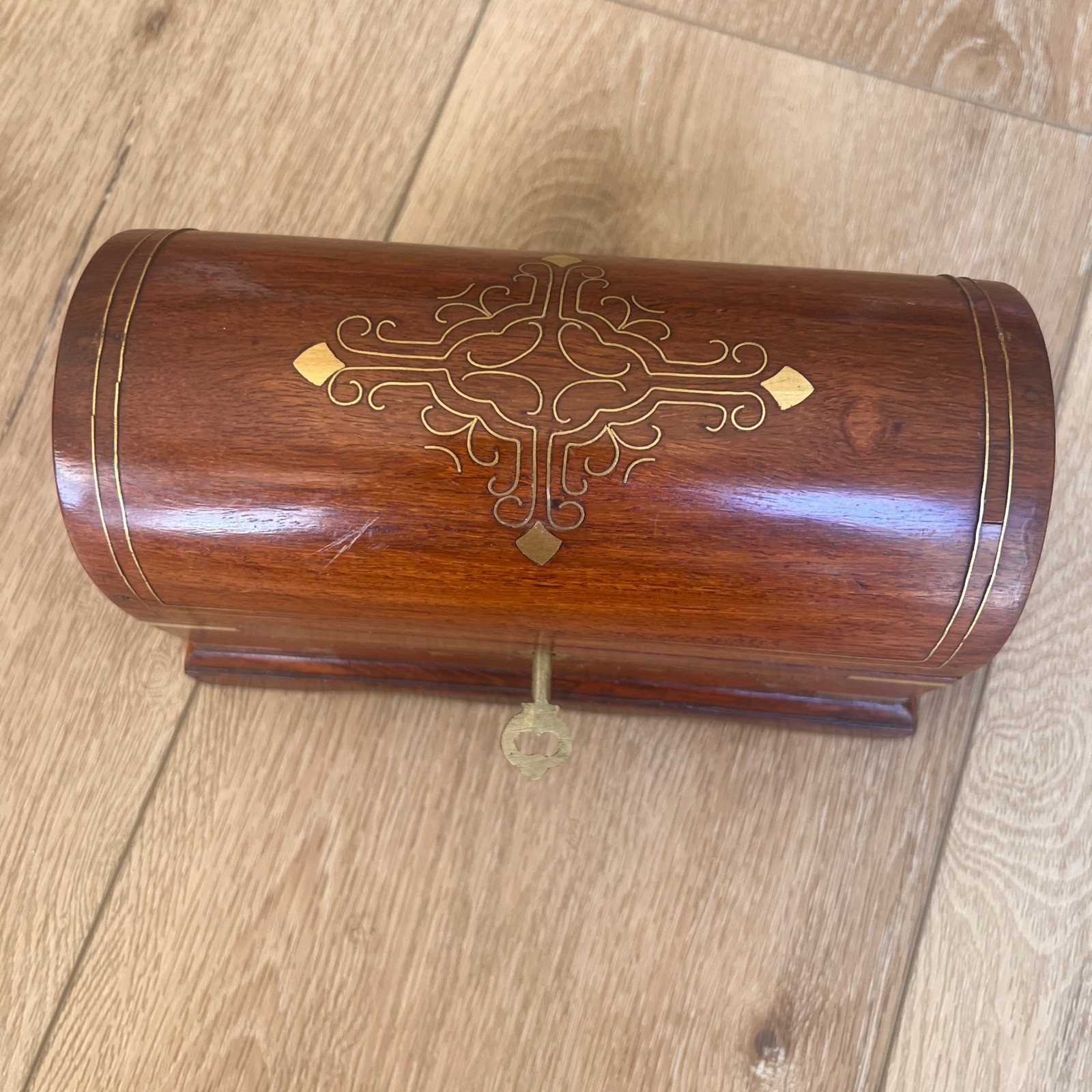 Vintage Wooden Jewelry Box Dome Top Brass Inlay Chest with Key Keepsake Box