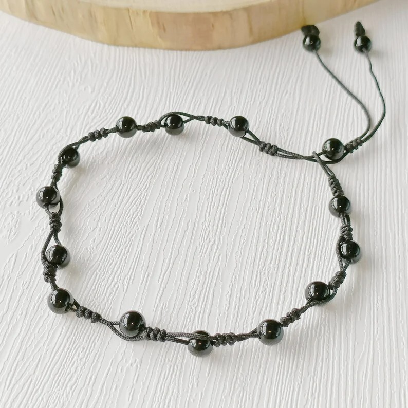 Black Obsidian Beads Healing Protection Strength Anklet Bracelet for Women Men