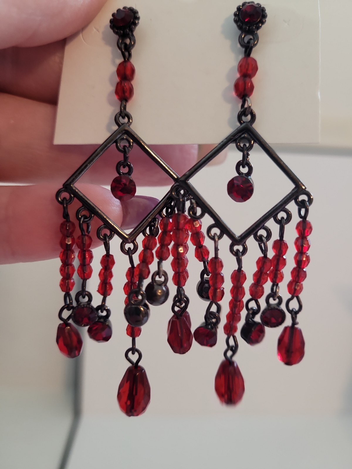 Red Beaded Chandelier Dangle Earrings Gunmetal Tone Geometric Boho Statement