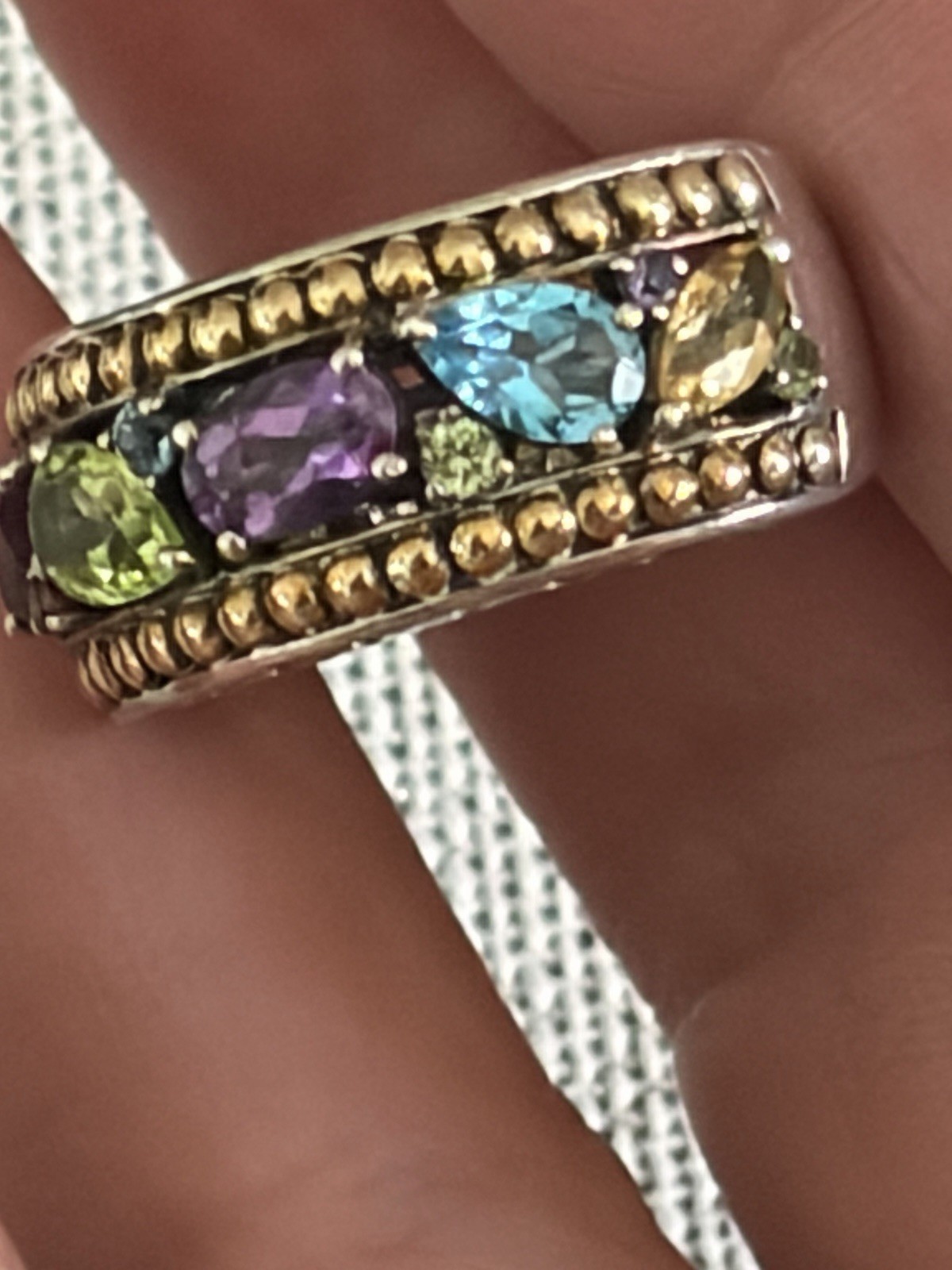 Effy Balissima Multi Stone Silver 18K Gold Ring Size 7