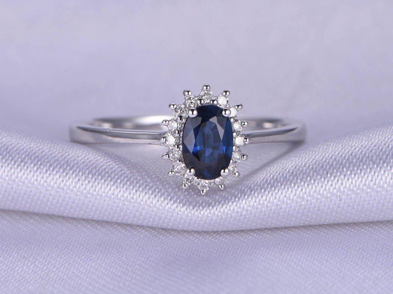 1.24 Ct Round Natural Sapphire Diamond Engagement Ring 14K White Gold Size 8