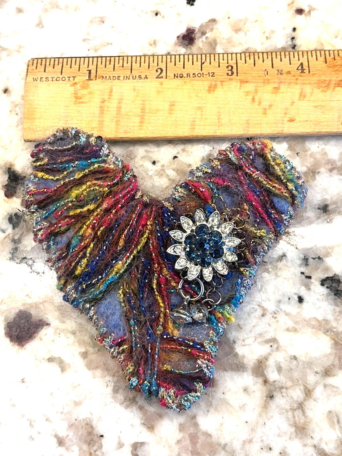 Vintage Handmade Fur Yarn HEART Pin Brooch Flower Rhinestone 3D Red Blue 3.75″