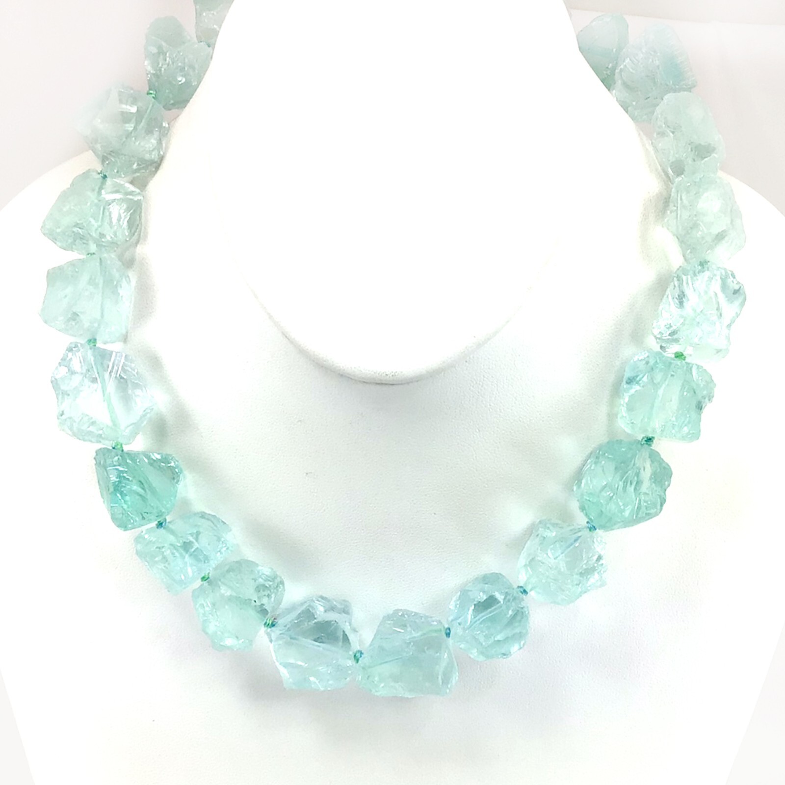 Blue Aqua Aquamarine Nugget Statement Necklace, March Birthstone, Silver 18″