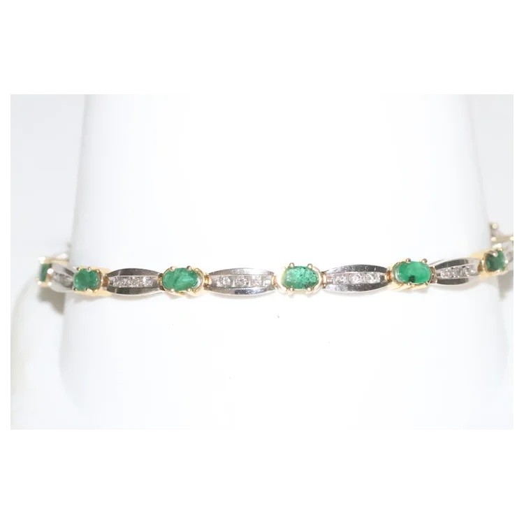 14K Yellow Gold Channel Set Diamond Natural Oval Cut Emerald Bracelet