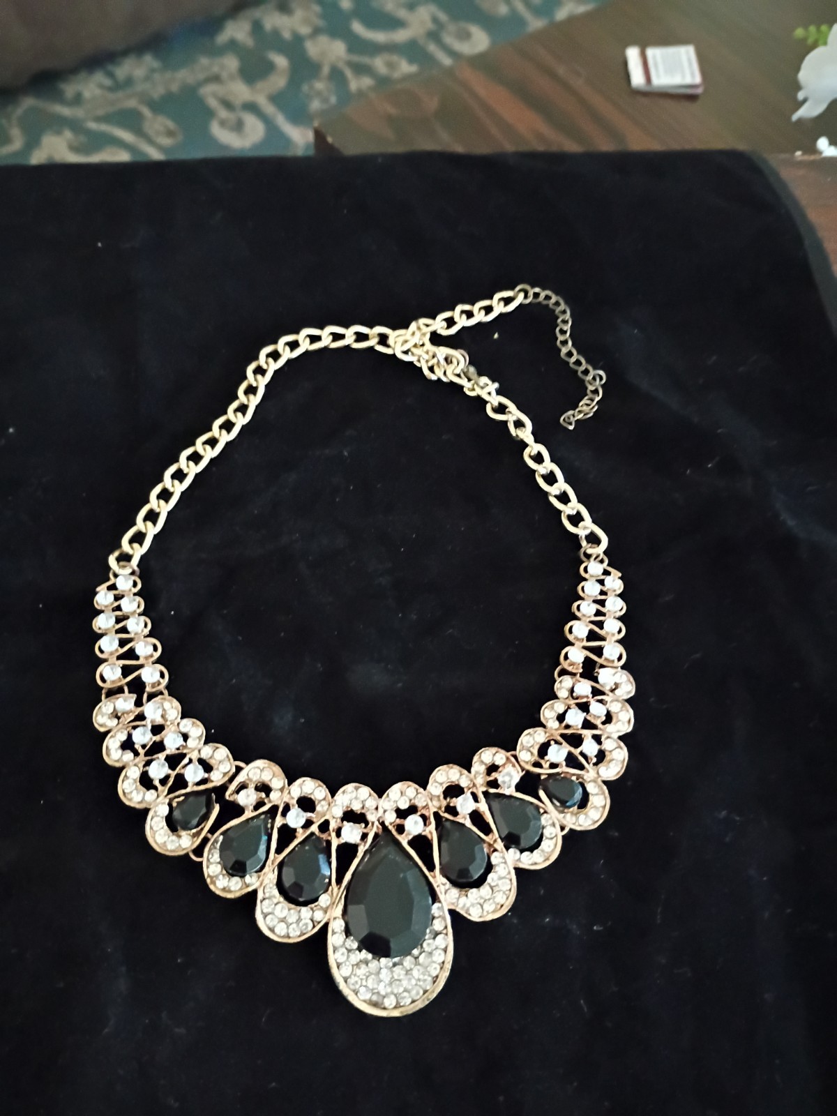Gold Black Clear Teardrop Bib Statement Necklace Crystal Metal Fashion