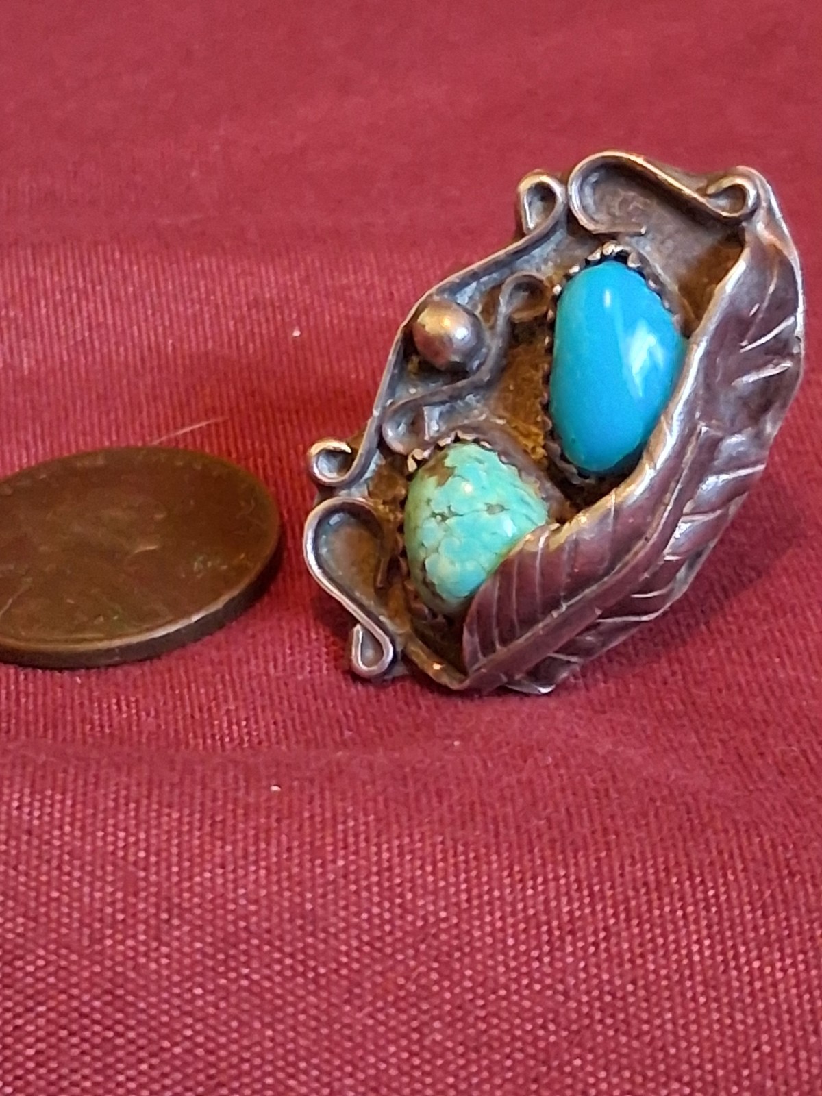 Vintage Sterling Native American Silver Ring 2 Stone Leaf Ring Sterling 4.5
