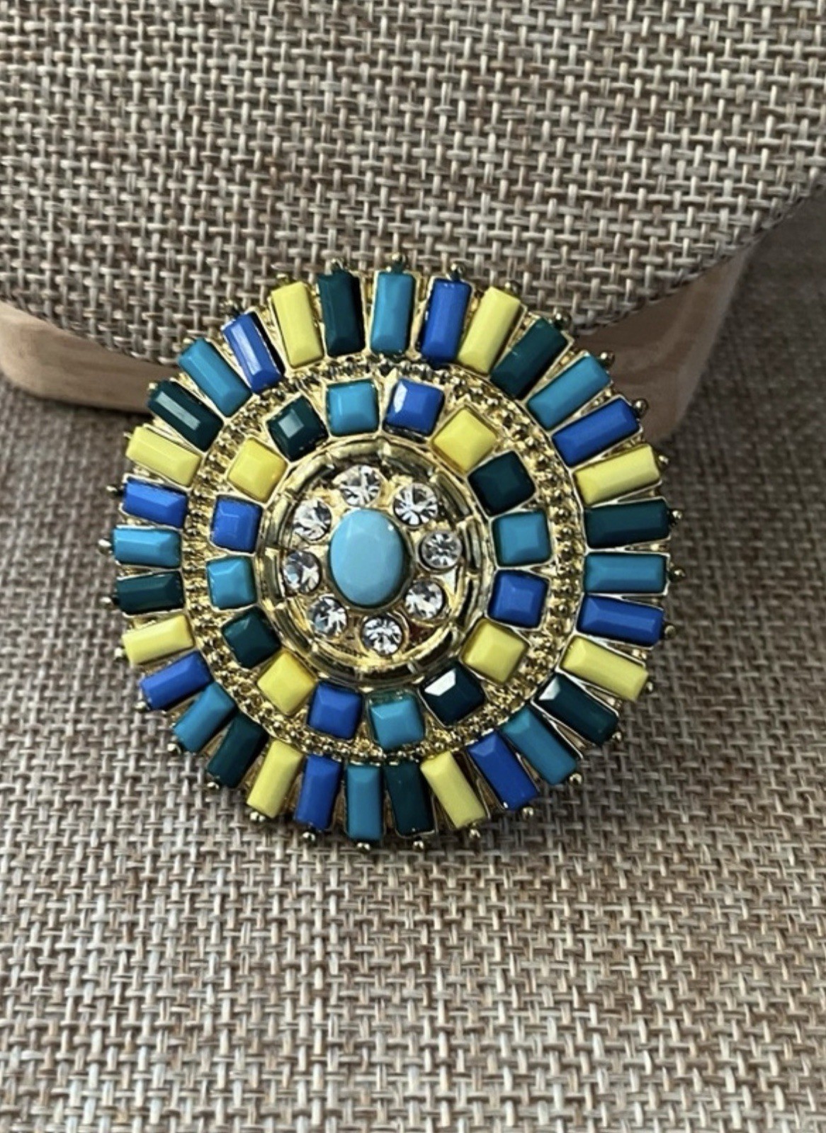 Round Enamel Rhinestone Cluster Brooch Pin, Blue Yellow Gold, 2 in Retro