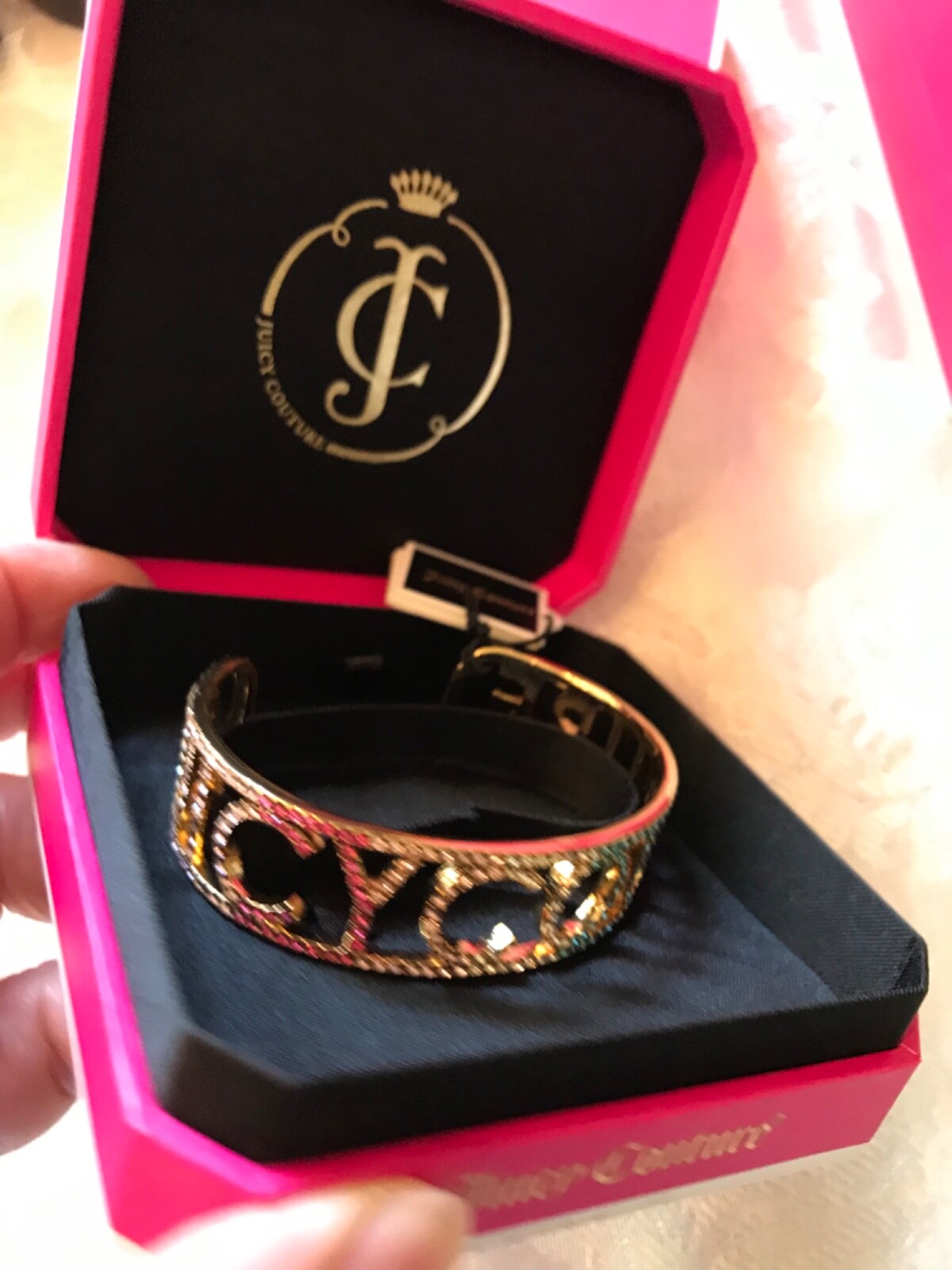 Y2K Iconic Juicy Couture Crystal Rainbow Bangle gold statement bracelet WJW688
