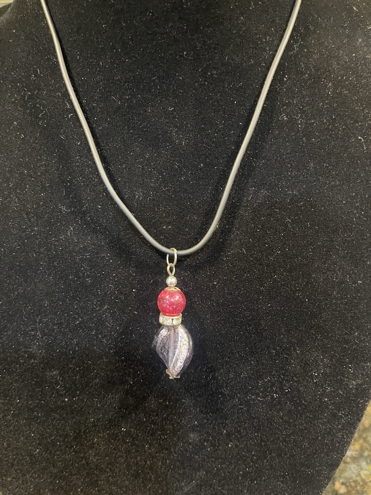 Handmade Lampwork Glass Pendant Necklace Red Crackle Bead Black Cord Artisan