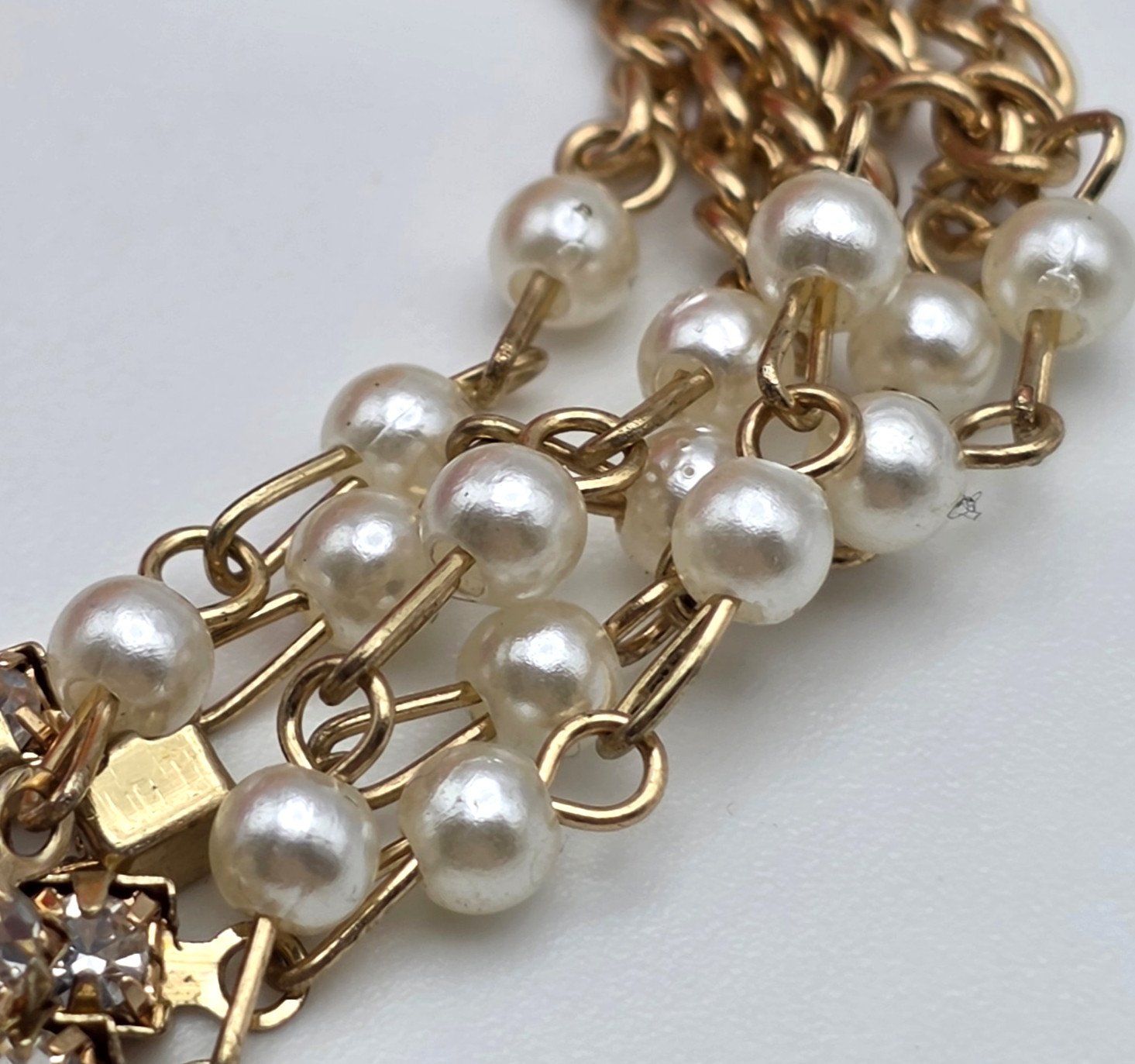 Gold Tone Clear Crystal White Faux Pearl 5 Strand Statement Bracelet 8-9.5 In