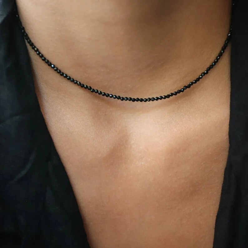 Black Tourmaline 2mm Beaded Choker Healing Minimalist Women Crystal Necklace