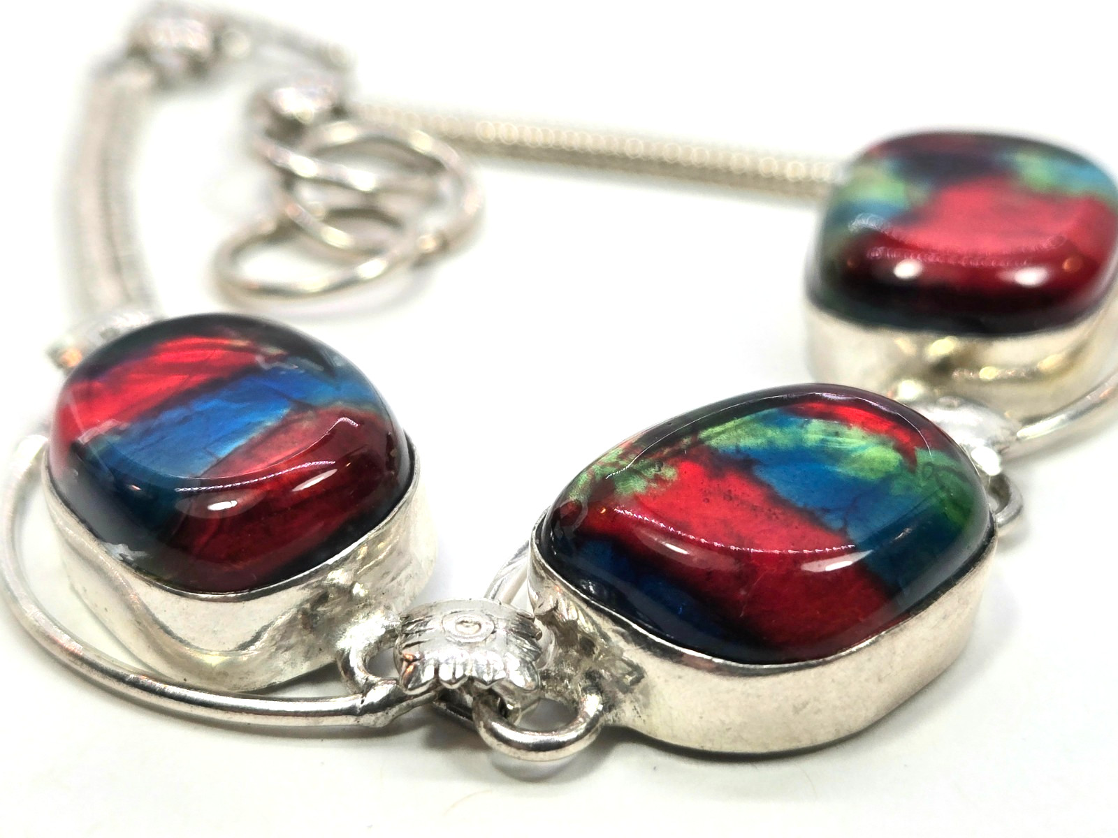 Red Blue Dichroic Glass Bracelet 925 Sterling Silver Link Toggle Clasp 7.5-8.25″
