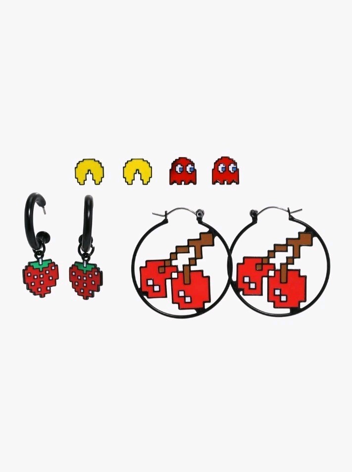 PAC-MAN pacman Characters 4 Pair Of Fruit Hoop Earring Set Red Ghost Cherry