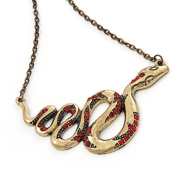 Red Crystal ‘Snake’ Necklace In Bronze Finish – 46cm Length