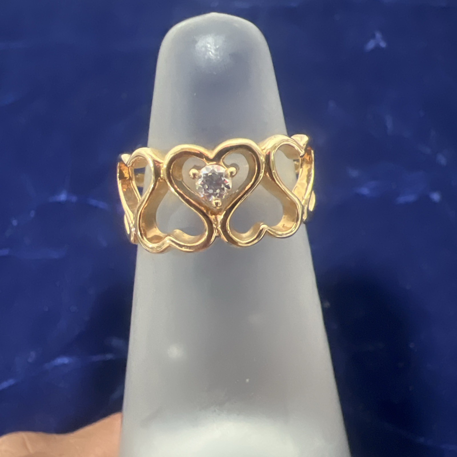 Vintage Signed Korea Size 6.5 Gold tone Crystal Linked Hearts Ring