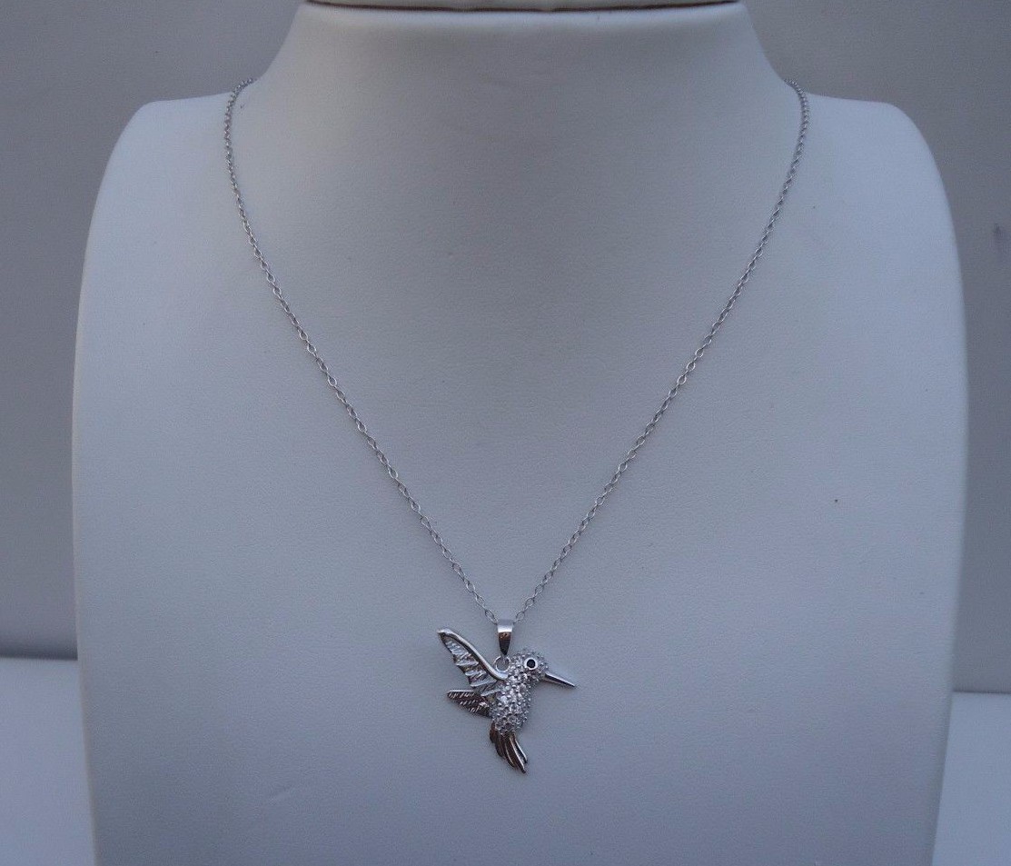 925 STERLING SILVER DESIGNERS HUMMING BIRD PENDANT NECKLACE LAB CREATED DIAMONDS