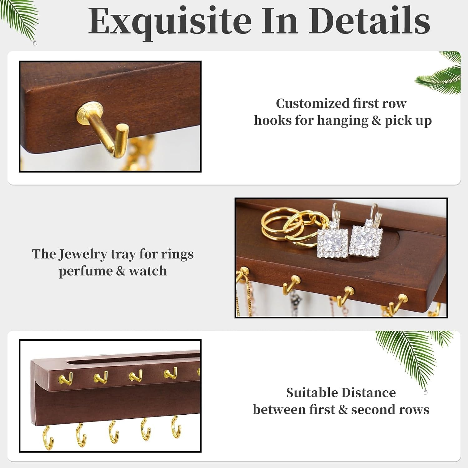 Elegant 30-Hook Necklace Organizer Wall-Mounted Jewelry Holder in Walnut