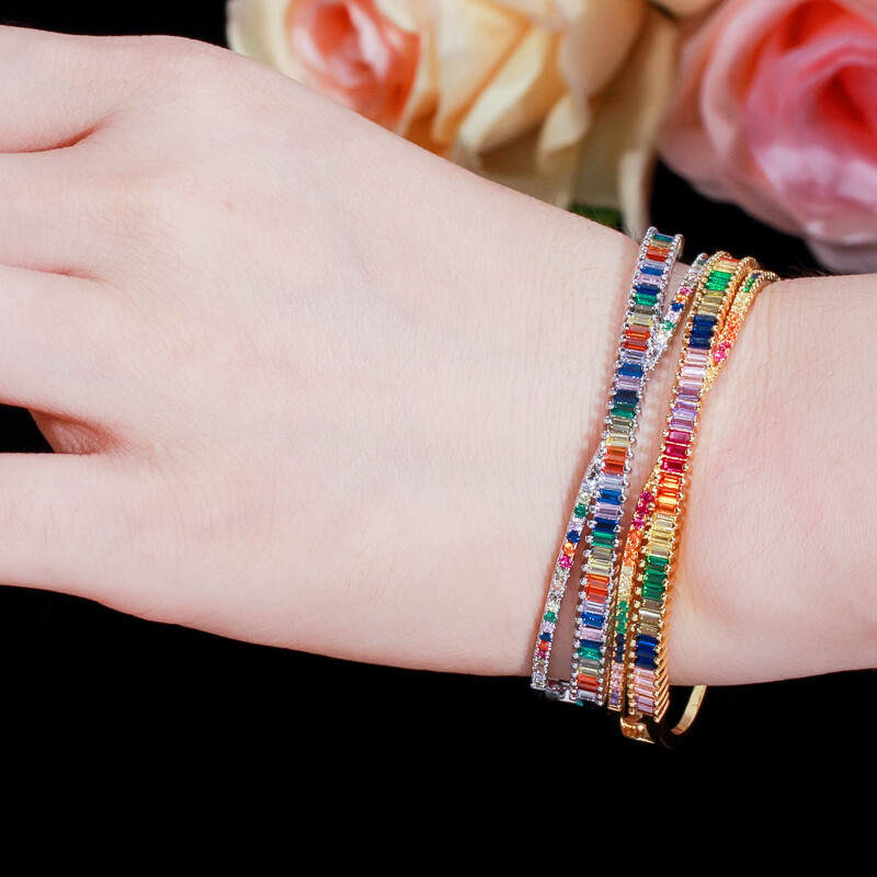 Adjustable Multicolored Gold Plated CZ Rainbow Open Cuff Bangle Fashion Jewelry