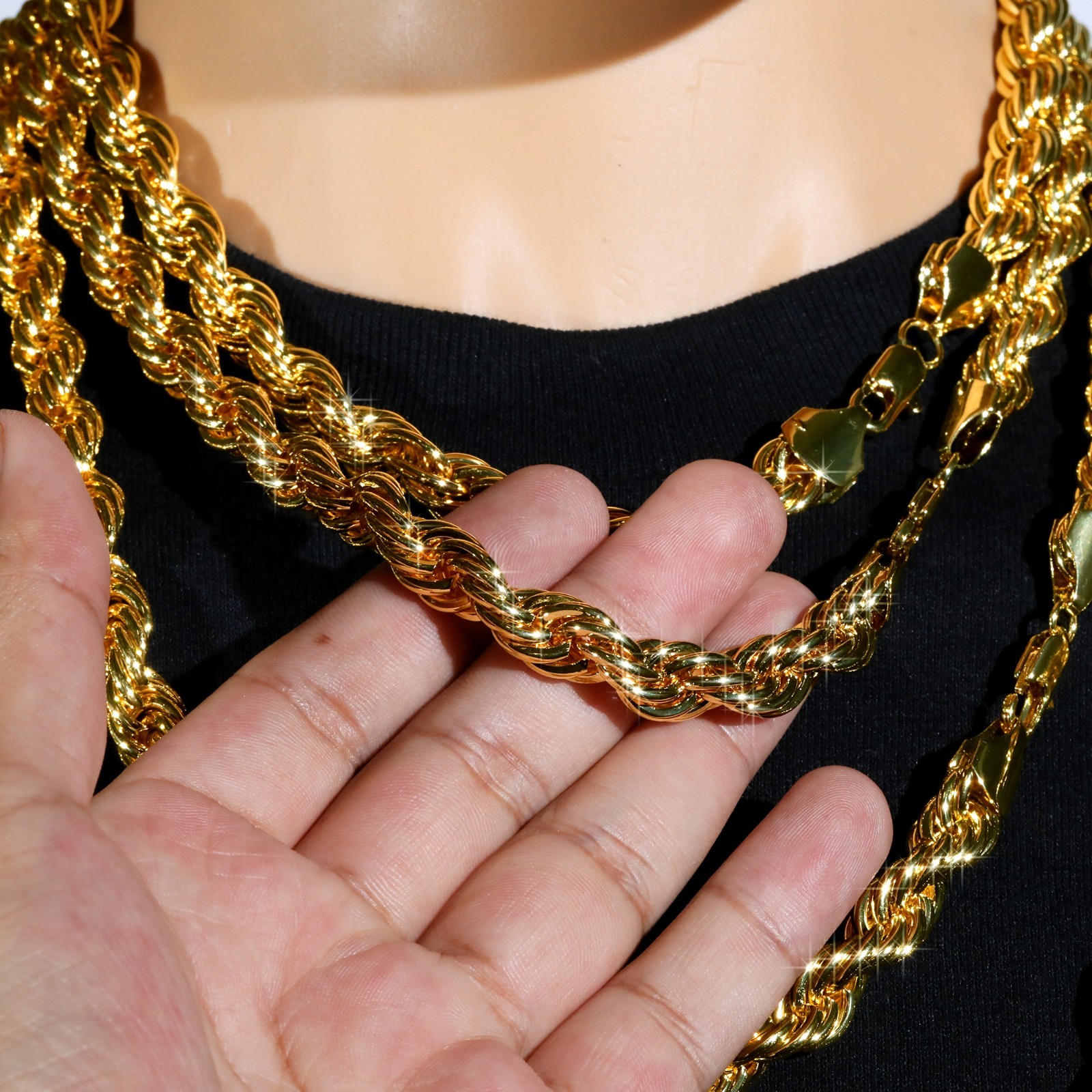 Rope Chain Necklace 10mm 30″ Gold Plated Silver Black & Rose Men Hip Hop Jewelry