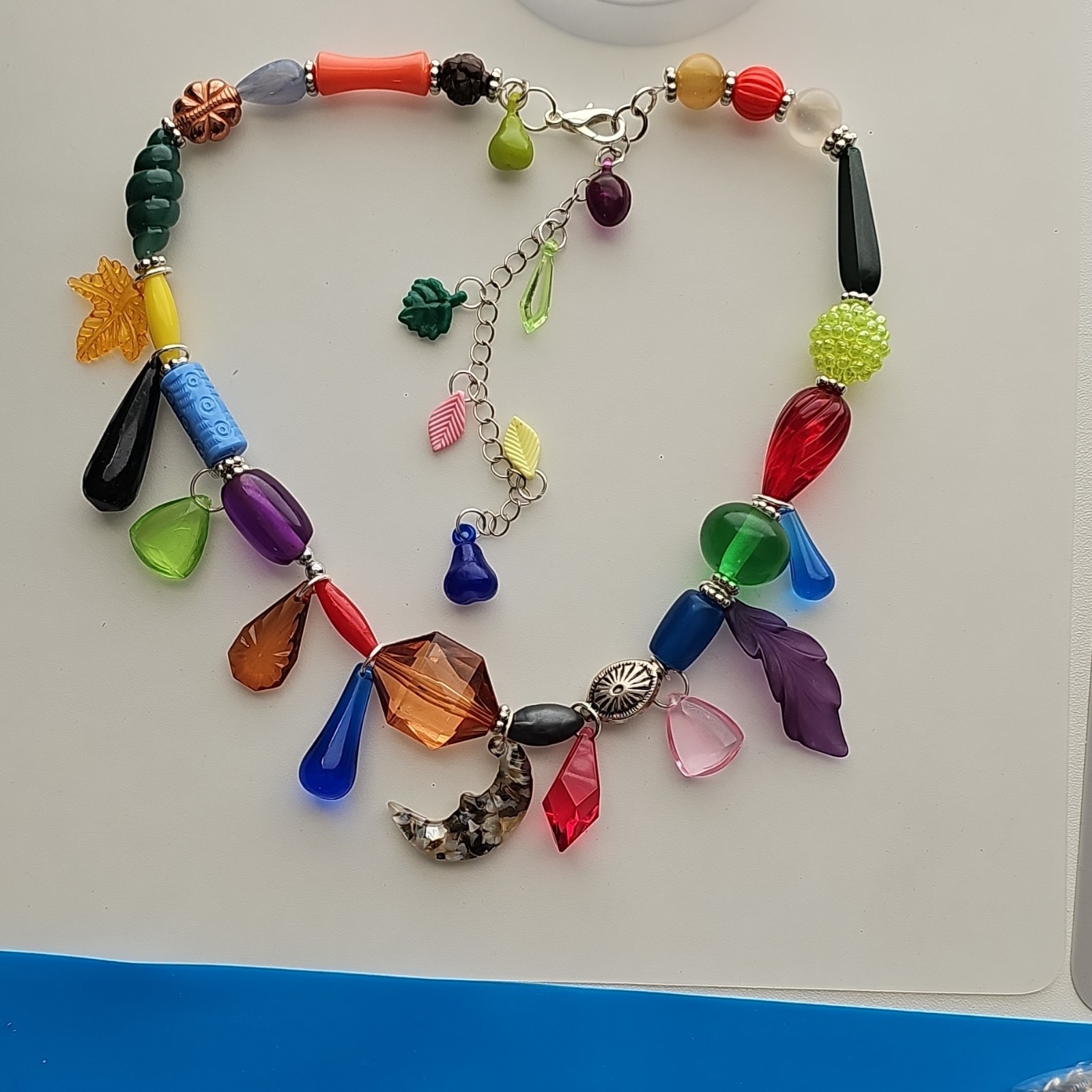 Vtg Acrylic Beaded Charm Necklace w/ Acrylic Dangles Handmade Colorful Chunky