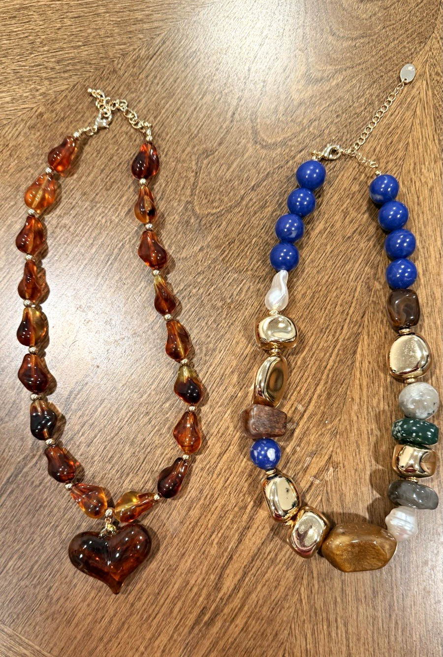 2pc Mixed Lot Beaded Necklaces Acrylic Heart Pendant Multicolor Glass Stone