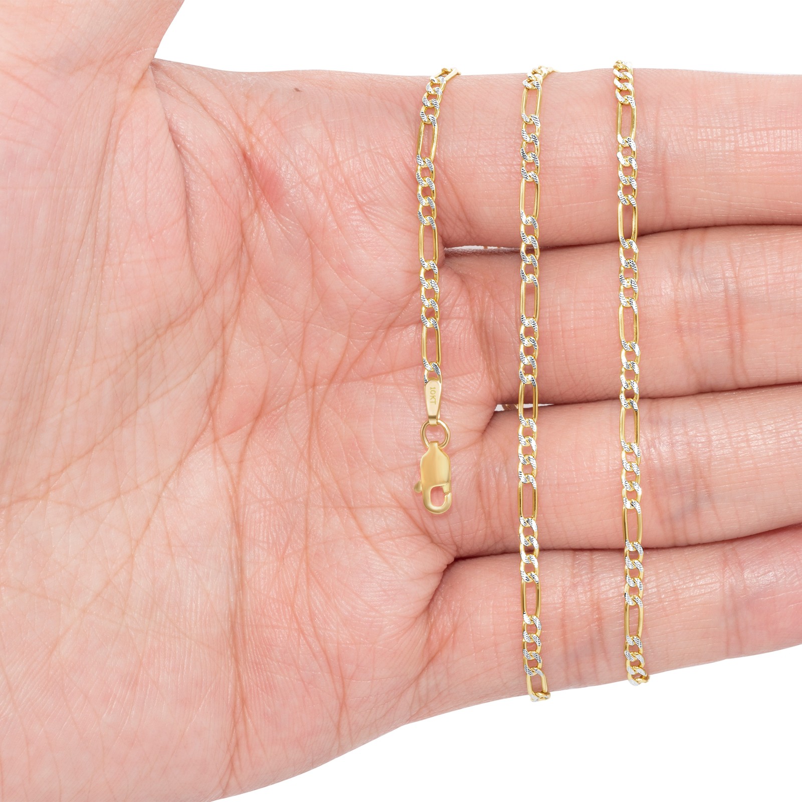 10K Solid Gold 2mm-12mm Diamond Cut Pave Figaro Chain Necklace Bracelet 7″- 30″
