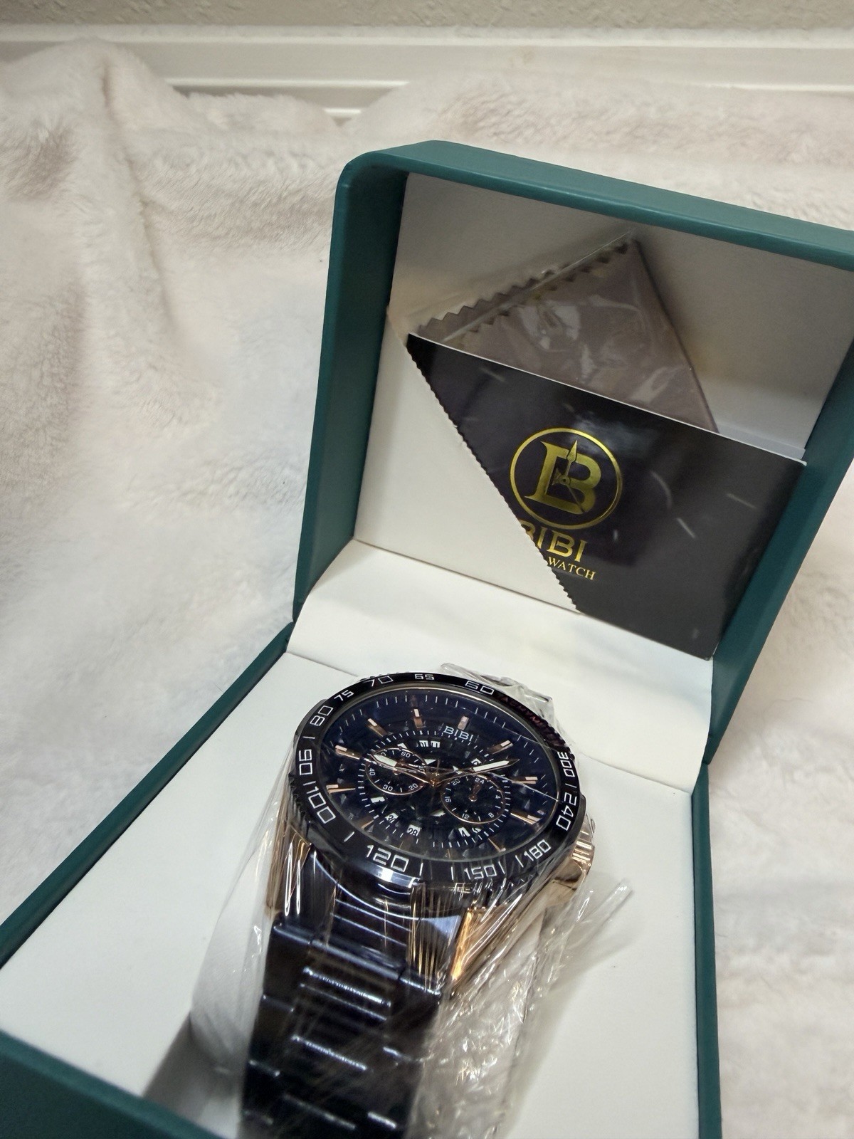 BIBI Blue Dial Chronograph Quartz Gold Blue Tone Metal Bracelet Tachymeter Box