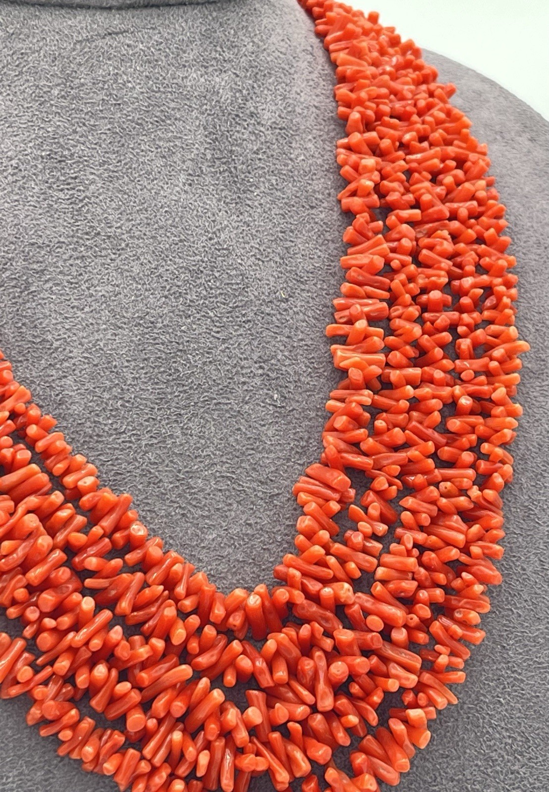 Natural Mediterranean Red Coral Necklace 5 Strands Domes 45-65cm Silver