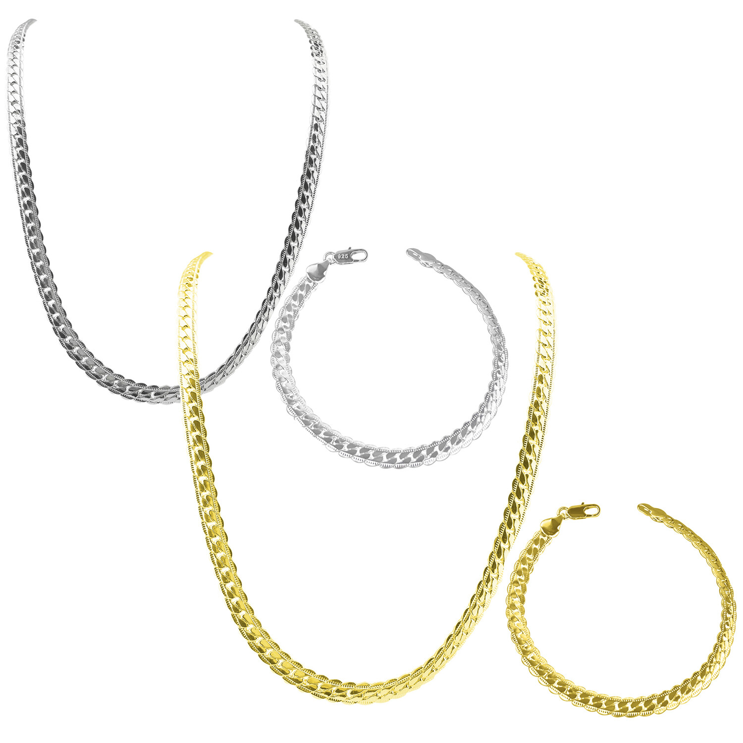REAL Solid 925 Silver 14k Gold Plated Flat Cuban Link Chain Necklace 6mm