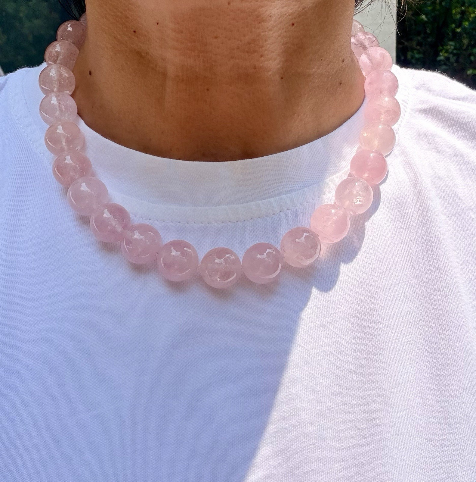 Madagascar Rose Quartz Necklace 14mm Silk Knotted 925 Cameo Clasp OOAK VTG
