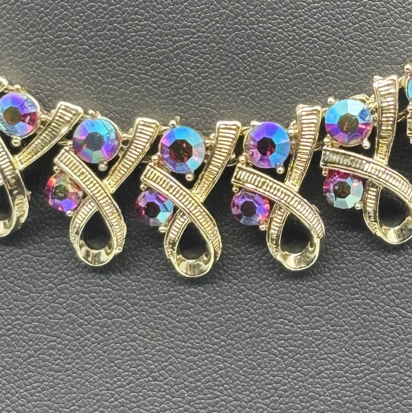 Vintage Mid Century Necklace Ribbon Link Design Gold Tone AB Rhinestone Unsigned