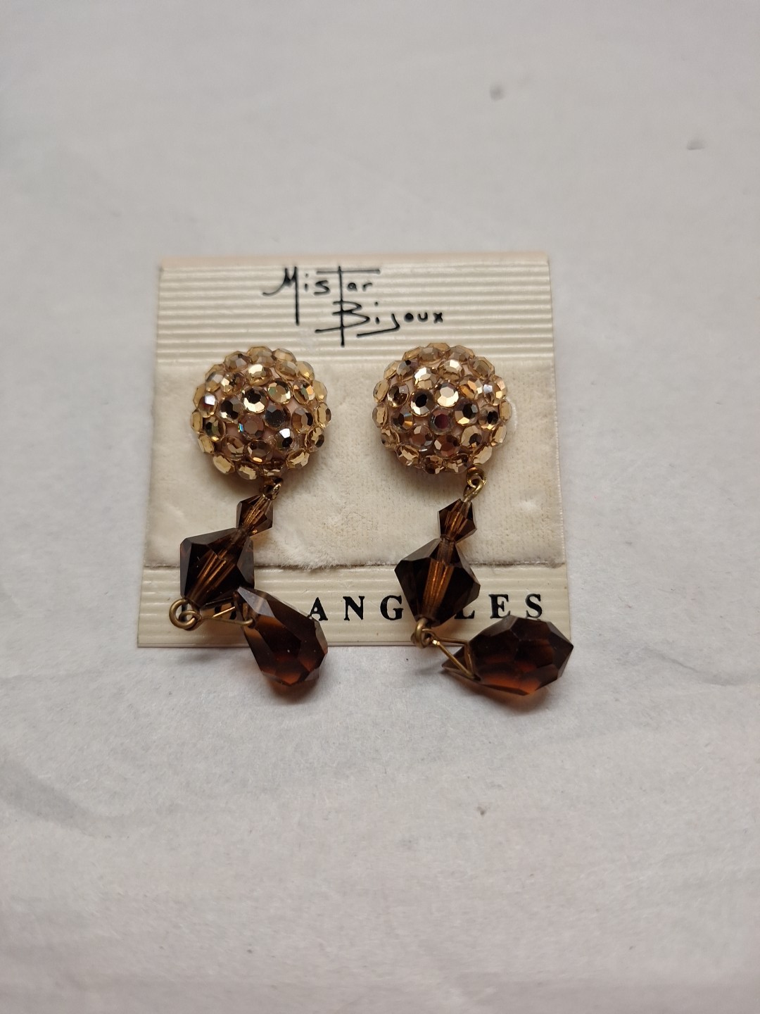 MISTER BIJOUX Round Brown Gold Tone Clip On Earrings 2″ Dangle Sparkle Rhineston