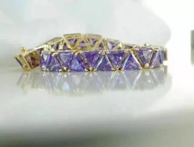 6CT Trillion Lab Created Amethyst Women’s Tennis Bracelet 14K Yellow Gold Finish