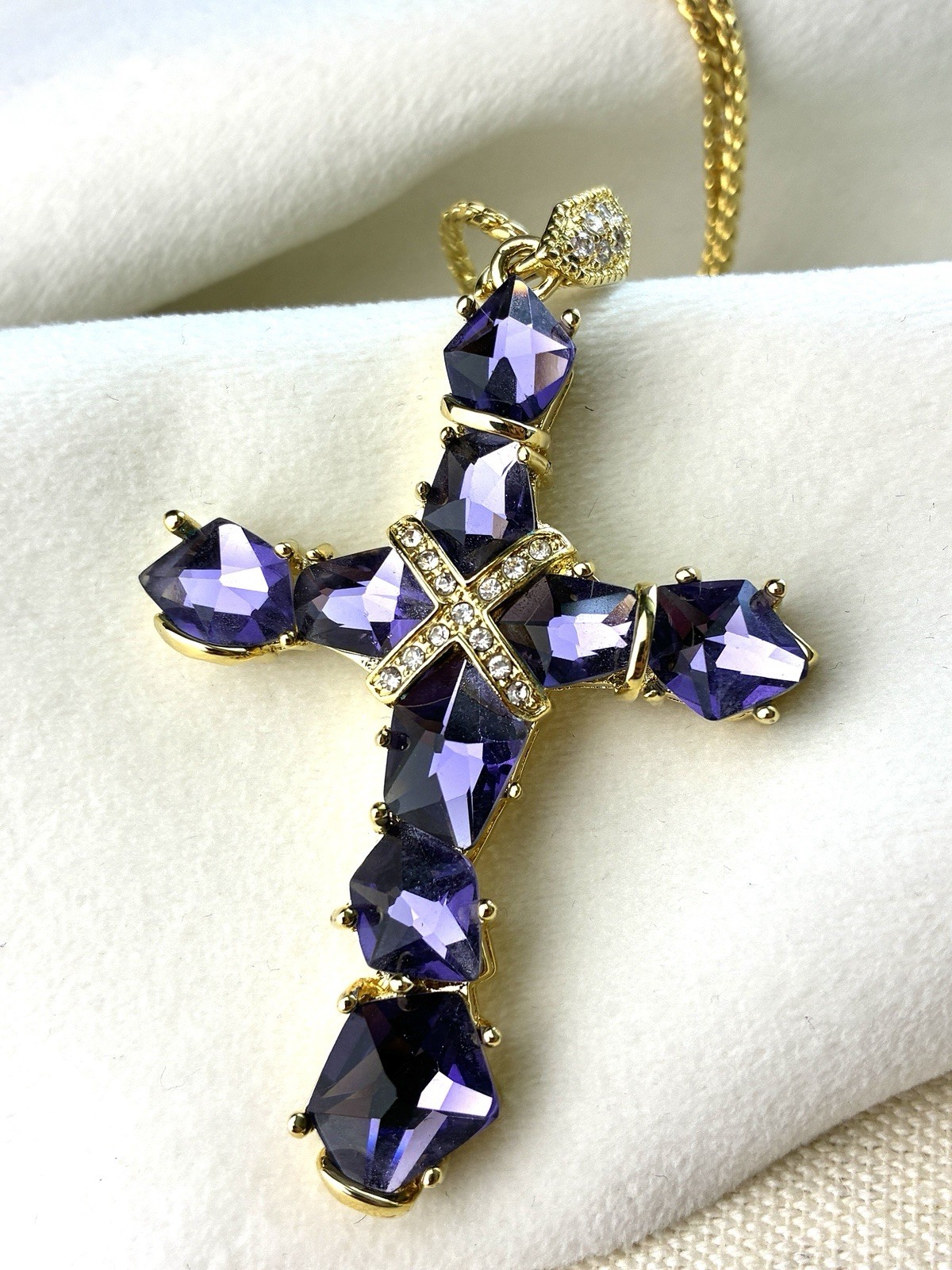 Real Collectibles Adrienne Amethyst Crystal Cross Necklace Gold HSN Box & Card